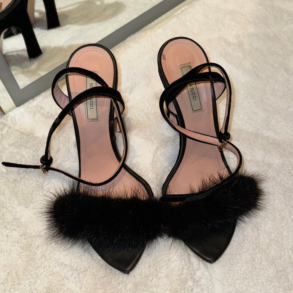 Nina Ricci fur/velvet peep toe heels